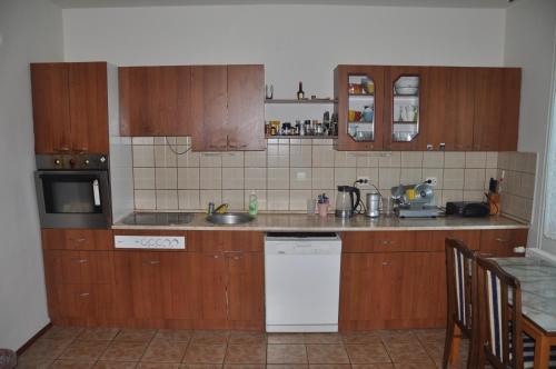 eine Küche mit Holzschränken und einem weißen Geschirrspüler in der Unterkunft Guesthouse Djurić in Negotin