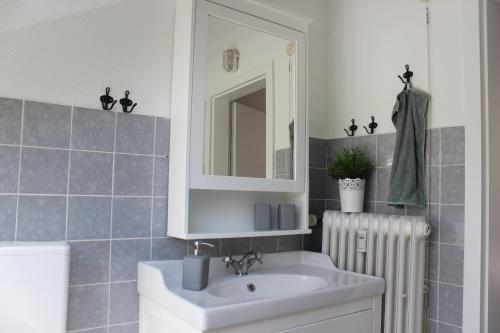 ein Badezimmer mit einem Waschbecken, einem Spiegel und einem Heizkörper in der Unterkunft Carpe Diem in Cochem