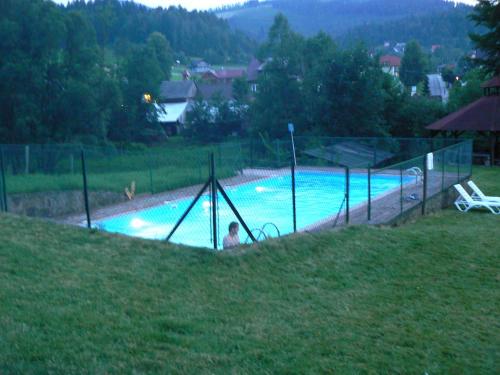 a large swimming pool in a field with at Mylak in Korbielów
