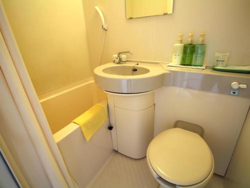 a small bathroom with a toilet and a sink at Hotel Okuni (Royal Inn Group) in Okaya