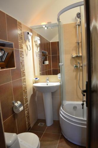 a bathroom with a sink and a shower and a toilet at Pensiunea Koruna in Poenari