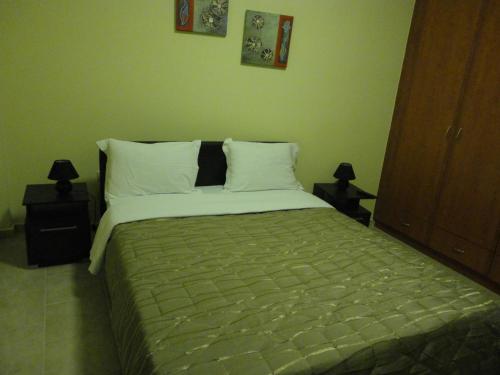 a bedroom with a large bed with green sheets and pillows at Luxury House Diakopto in Diakopto