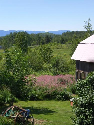 a view of a barn and a field with trees and plants at L'Aubergine in Saint Hilarion