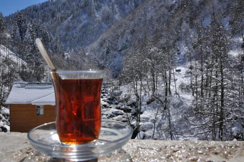 a cup of tea on a table with a view of a mountain at Ayder Hasimoglu Hotel in Ayder Yaylasi