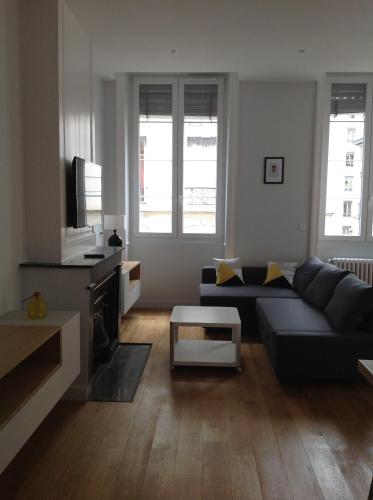 un salon avec un canapé et une télévision dans l'établissement Charme et Modernité au Cœur de Lyon, à Lyon