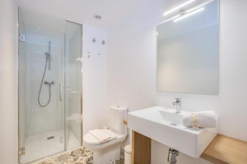 y baño con ducha, lavabo y aseo. en Flateli -Plaça Catalunya 3-2, en Girona