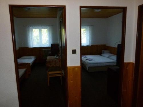 約瑟夫杜爾的住宿－Horsky hotel Sport，客房设有两张床、一张桌子和一面镜子。