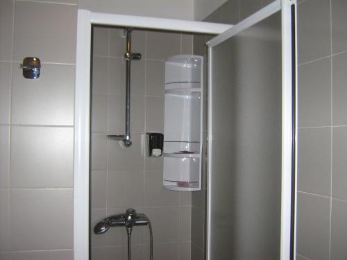 a shower stall with a glass door with a sink at Hostiliae Ciminiera Hotel in Ostiglia