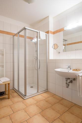 un baño con ducha y lavabo en Waldbothgut, en Linz