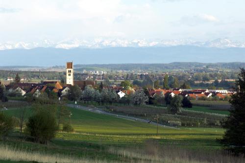a view of a town with mountains in the background at Landgasthof Paradies in Frickingen