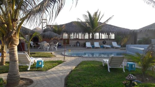 a resort with a pool and chairs and a palm tree at Bora Bora Bungalows in Los Órganos