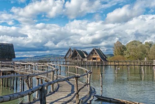 a group of houses on a dock in the water at Landgasthof Paradies in Frickingen