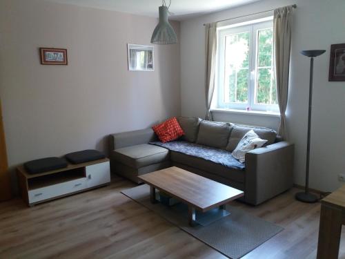 a living room with a couch and a coffee table at Apartmán Špičák Sruby in Špičák
