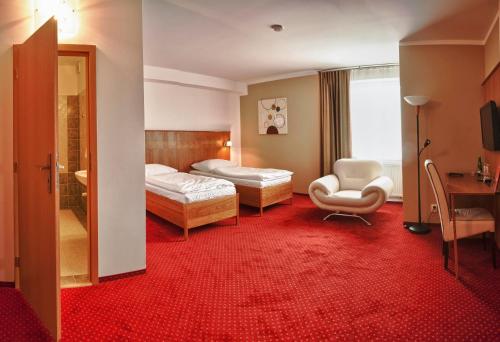 ein Hotelzimmer mit einem Bett und einem Stuhl in der Unterkunft Hotel Plaza in Mladá Boleslav