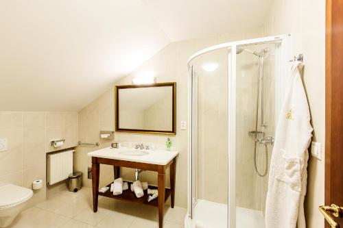 a bathroom with a sink and a shower at Hotel Bankov Košice in Košice