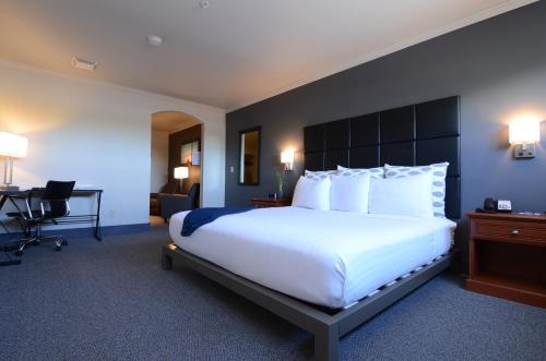 a hotel room with a large bed and a desk at Wood River Inn & Suite in Hailey