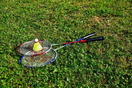 two tennis rackets sitting on the grass at Apartment Sotočje in Dolenja Trebuša