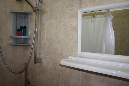 a bathroom with a shower with a window and a sink at Ga'aton Motel in Nahariyya