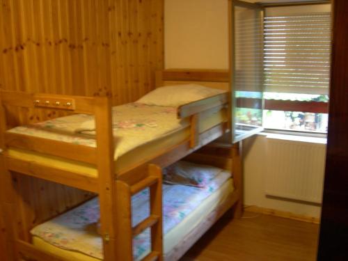 two bunk beds in a room with a window at Apartma NADIŽA Borjana107 in Borjana