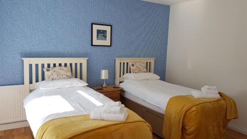Duas camas num quarto com paredes azuis em Cottages Lyndale Farm em Flashader