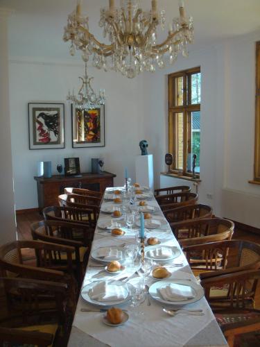a dining room with a long table with chairs and a chandelier at Residenz Villa Kult in Berlin