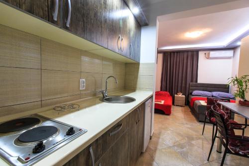 a kitchen with a sink and a living room at De Lux Apartments Luka in Bar