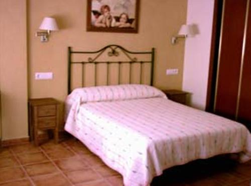 1 dormitorio con 1 cama grande con colcha rosa en Hostal Las Sabinas, en Bujaraloz