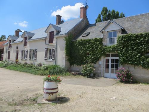 a house with a flower pot in front of it at La Ferme de l'isle et sa Roulotte in Avaray