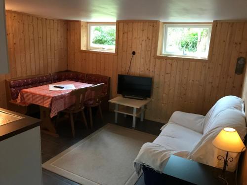 a room with a table and a couch and a television at Dalen Bed & Breakfast in Dalen