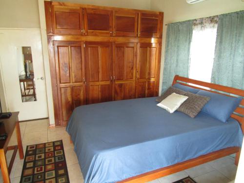 a bedroom with a blue bed with a wooden closet at The Residence Portmore Apartments in Portmore