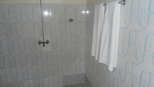 ein Bad mit einer Dusche und einem weißen Handtuch in der Unterkunft Cactus Eco Camp and Lodge in Elmenteita