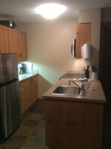 eine Küche mit einer Spüle und einem Kühlschrank aus Edelstahl in der Unterkunft Taynton Lodge at Panorama Mountain Village Resort in Panorama