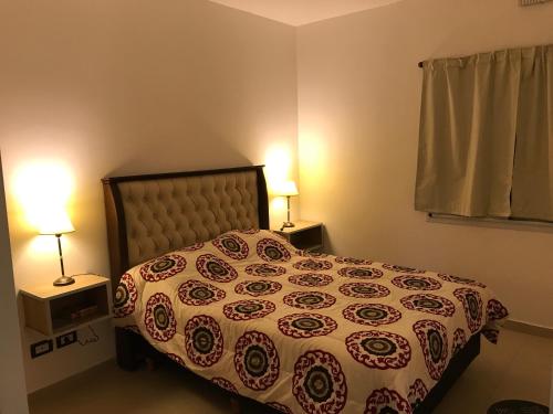 a bedroom with a bed and two lamps on tables at Mendoza Apartments Ezeiza Airport in Luis Guillón