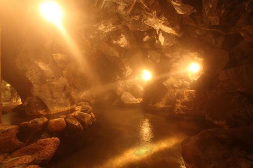 a cave with lights in the water and rocks at Shimizu Ryokan in Yufuin
