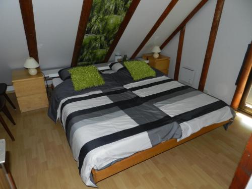 FrankenauにあるFerienhaus Ericaのベッドルーム1室(大型ベッド1台、緑の枕付)