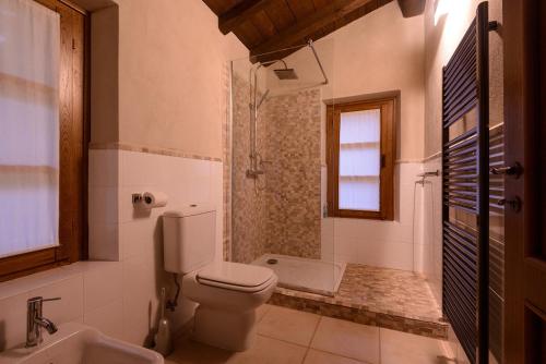 a bathroom with a toilet and a shower and a sink at Casa del'Orto in Bigliolo