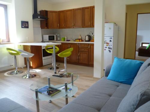 ein Wohnzimmer mit einem Sofa und einer Küche in der Unterkunft Energy House in Jasło
