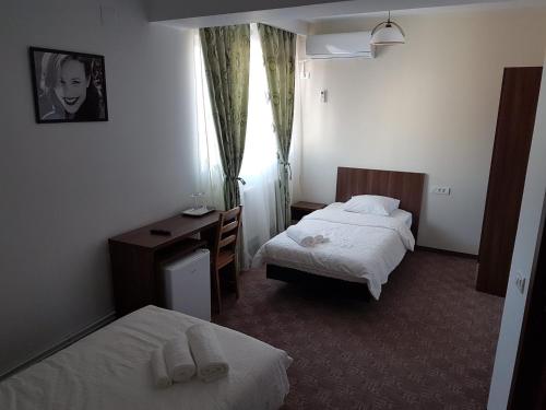 Cette chambre comprend deux lits et un bureau. dans l'établissement SkyRoomsHorezu, à Horezu
