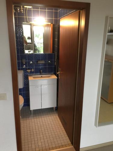 a bathroom with a sink and a toilet and a mirror at schwarzwald-apartment in Schönwald