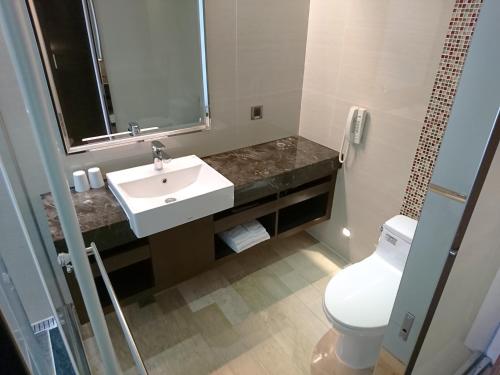Century Hotel Taoyuan في تاويوان: حمام مع حوض ومرحاض