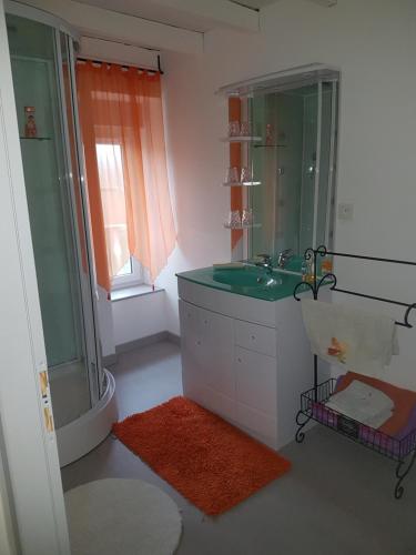 La salle de bains est pourvue d'un lavabo vert et d'une douche. dans l'établissement Chambres d'hôtes Au Pére Louis, à Labastide-du-Vert