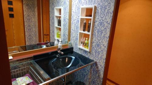 La salle de bains est pourvue d'un lavabo et d'un miroir. dans l'établissement Hotel Eris Hakata (Love Hotel), à Fukuoka
