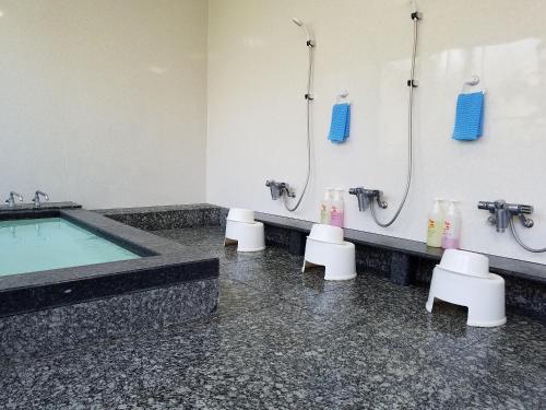 baño con piscina, lavabos y aseos en Ryokan Matsukaze, en Matsumoto