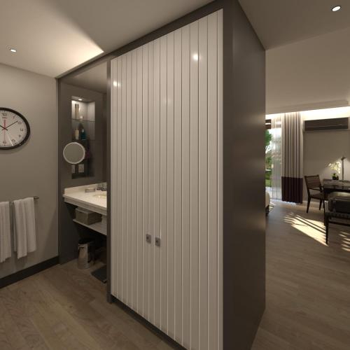 a bathroom with a sliding door with a sink and a clock at Avani Gaborone Resort & Casino in Gaborone