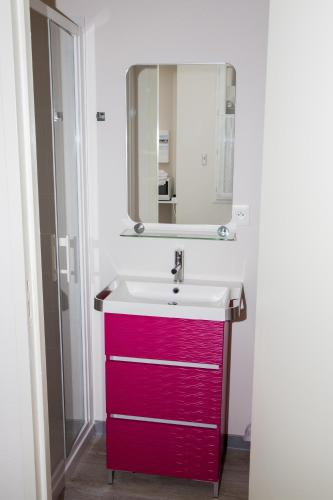 La salle de bains est pourvue d'un lavabo rouge et d'un miroir. dans l'établissement Albiappart, à Albi