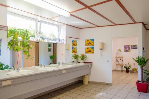 a bathroom with two sinks and a large window at Bett&Bike Fisching - adults only in Weißkirchen in Steiermark