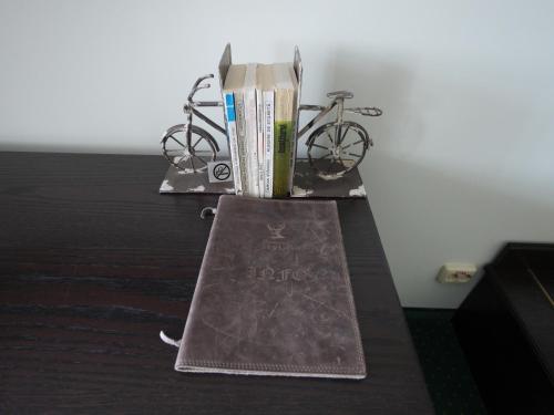 a book sitting on top of a table with a bike at Pensiunea Vis Alpin Belis in Beliş