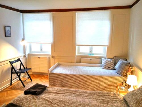 哥本哈根的住宿－Central Danish apartment，一间卧室设有两张床和两个窗户。