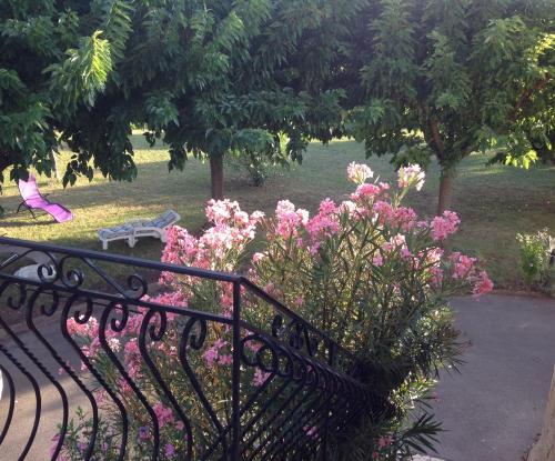 a park with a bench and pink flowers at Au mas des graviers in Salavas