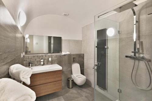 a bathroom with a toilet and a sink and a shower at Wellness Hotel Republika 24 Apartments in Plzeň
